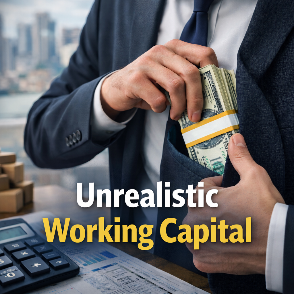 Unrealistic working capital in a business sale, showing a seller putting company cash into his pocket during an M&A transaction, illustrating why lenders require sufficient working capital at closing.